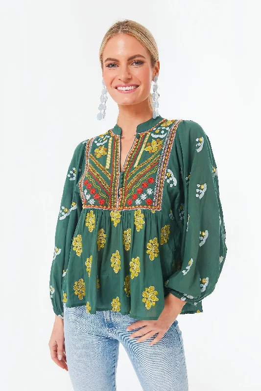 Women's High-Fashion Garments Green Lucknow Mandarin Balloon Top