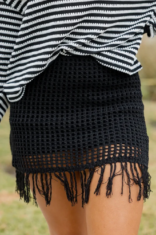 Charming Women's Holiday Apparel Skipping Town Black Tassel Trim Knit Mini Skirt FINAL SALE