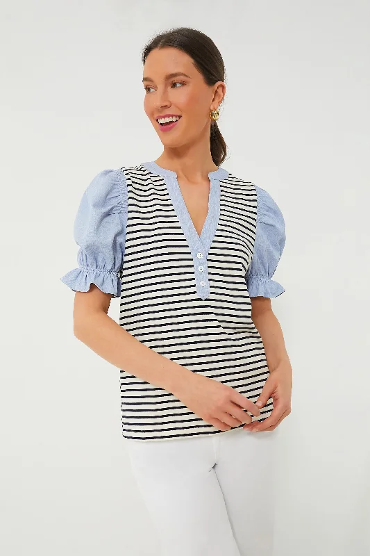 Plus-Size Women's Garments Navy Stripe Livia Puff Sleeve Top