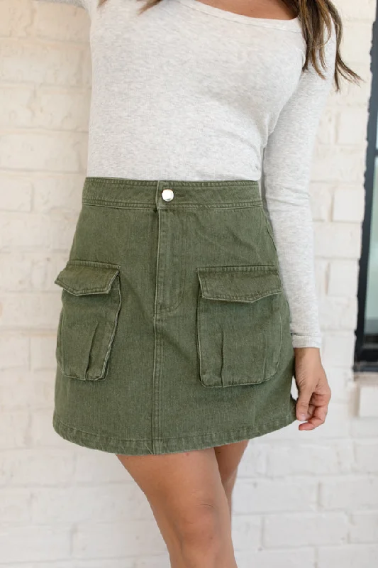 Casual Apparel For Women Worn In Love Olive Cargo Denim Mini Skort