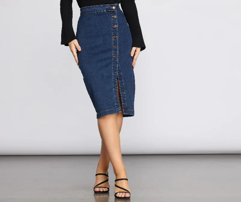 Vintage-Inspired Women's Apparel Denim Button Up Midi Skirt