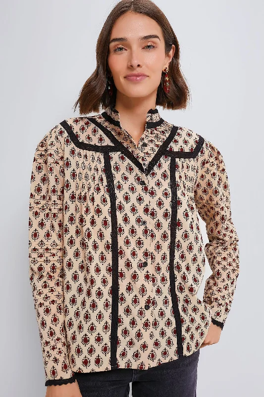 Women's Luxury Apparel Tan and Burgundy Block Print Priya Shirt