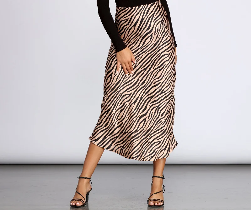 Women's Everyday Garments Zebra Flared Midi Satin Skirt