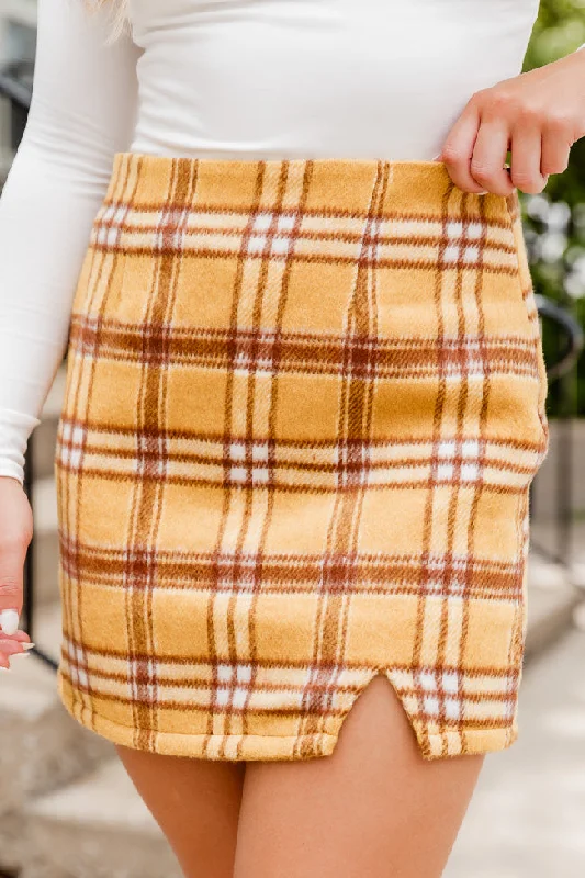 Women's Chic Outerwear Outfit Be Here Forever Mustard Plaid Skirt FINAL SALE