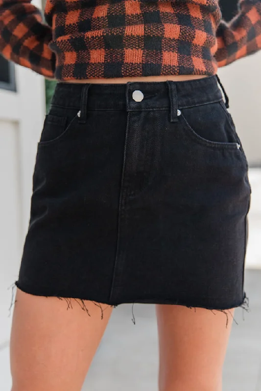 Women's Charming Outfit For Events Point The Way Black Raw Hem Denim Skirt FINAL SALE