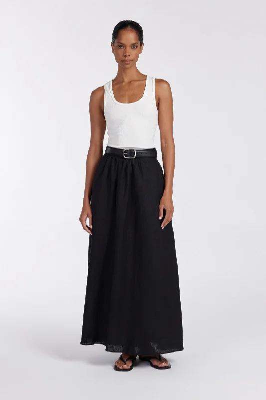 Women's Stylish Outdoor Outfit GEMIMA BLACK LINEN MIDI SKIRT