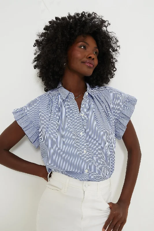 Women's Evening Clothes Blue and White Stripe Marianne B Ruffle Sleeve Shirt