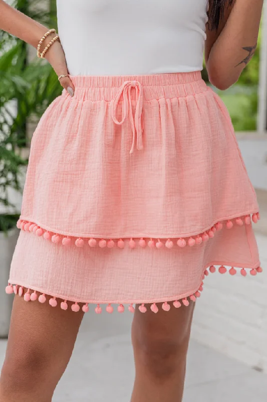 Classic Clothes For Women Simply Peachy Salmon Tassel Hem Gauze Skort FINAL SALE