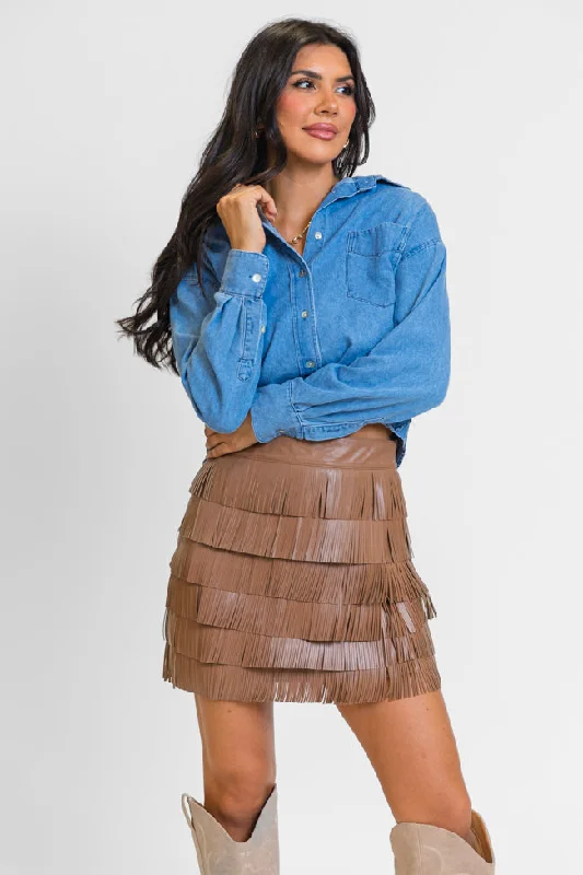 Timeless Women's Clothes Follow Your Arrow Brown Faux Leather Fringe Skirt FINAL SALE