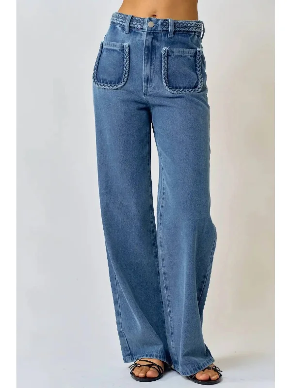 Women's Clothing With Trendy Designs Straight Leg Braid Jean In Medium Wash