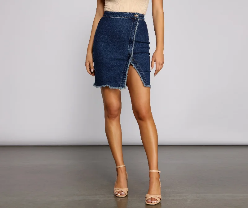 Affordable Women's Apparel Wrapped In Styled Frayed Denim Skirt