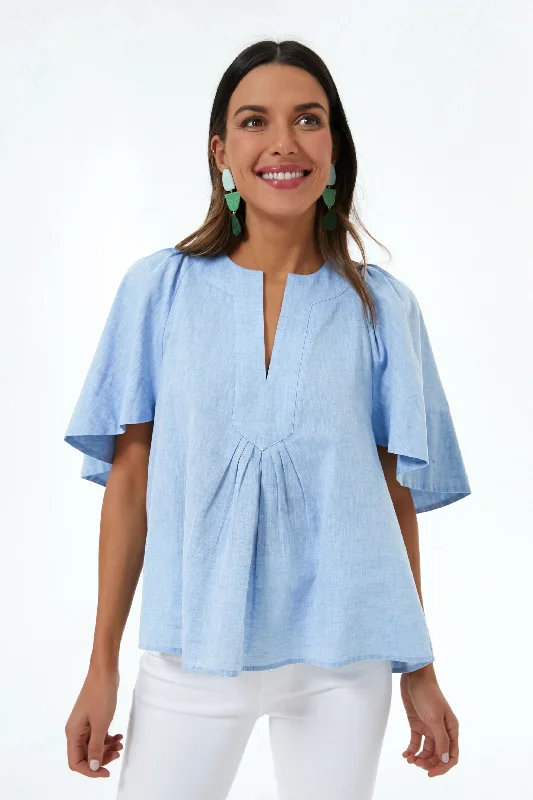 Women's Office Clothing Chambray Finley Flutter Sleeve Top