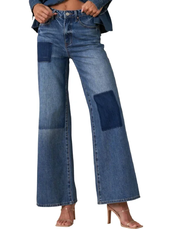 Women's Vintage-Inspired Clothing Relaxed Wide Leg Patchwork Jeans In Blue