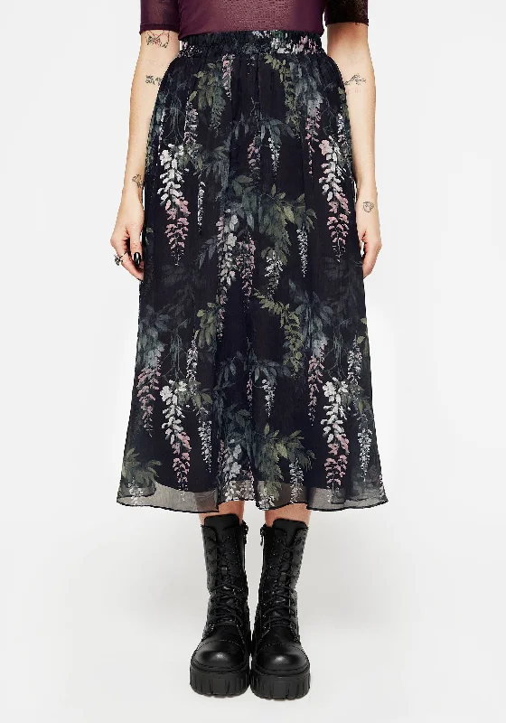 Women's Athletic Clothes Wisteria Floral Print Chiffon Midi Skirt