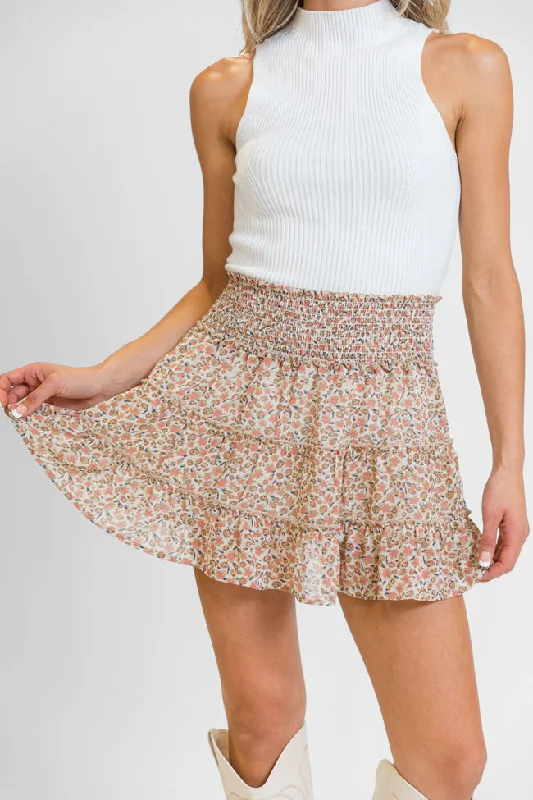 Women's Seasonal Apparel Through The Garden Ivory and Tan Floral Mini Skort FINAL SALE