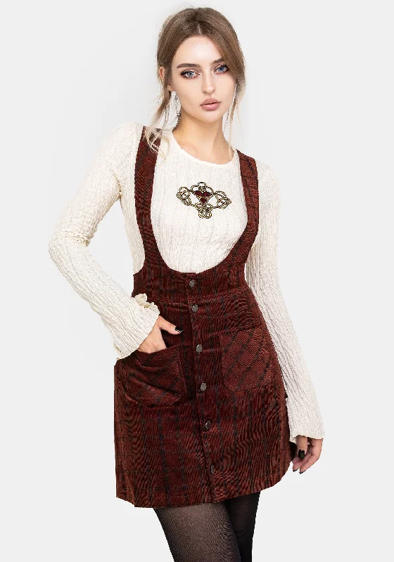 Stylish Women's Garments Terracotta Check Cord Mini Pinafore Skirt