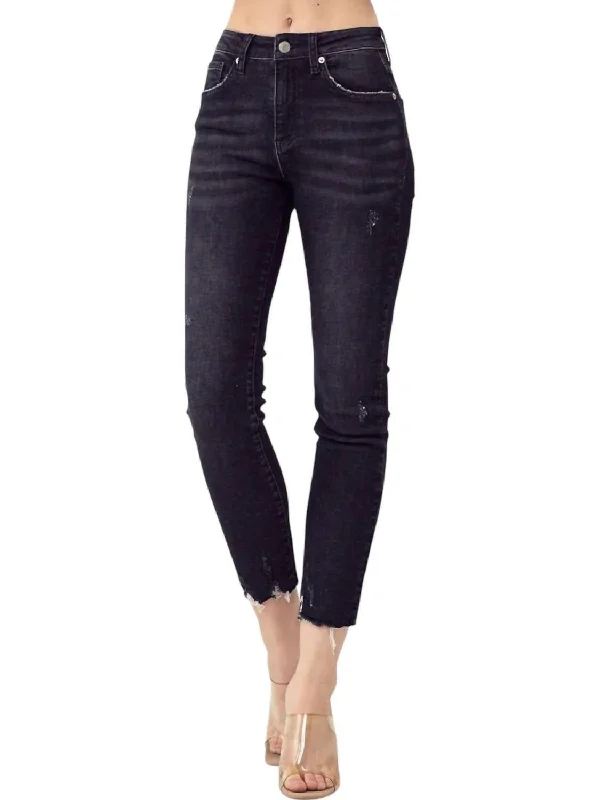 Women's Athleisure Apparel Mid Rise Raw Hem Jeans In Black Denim