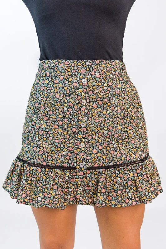 Sustainable Women's Apparel What's The Tea Black Button Front Floral Mini Skort FINAL SALE