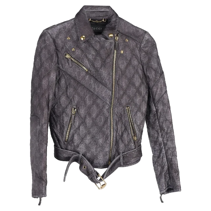 Women's Floral Print Outfit Gucci Monogram Biker Jacket in Black Leather