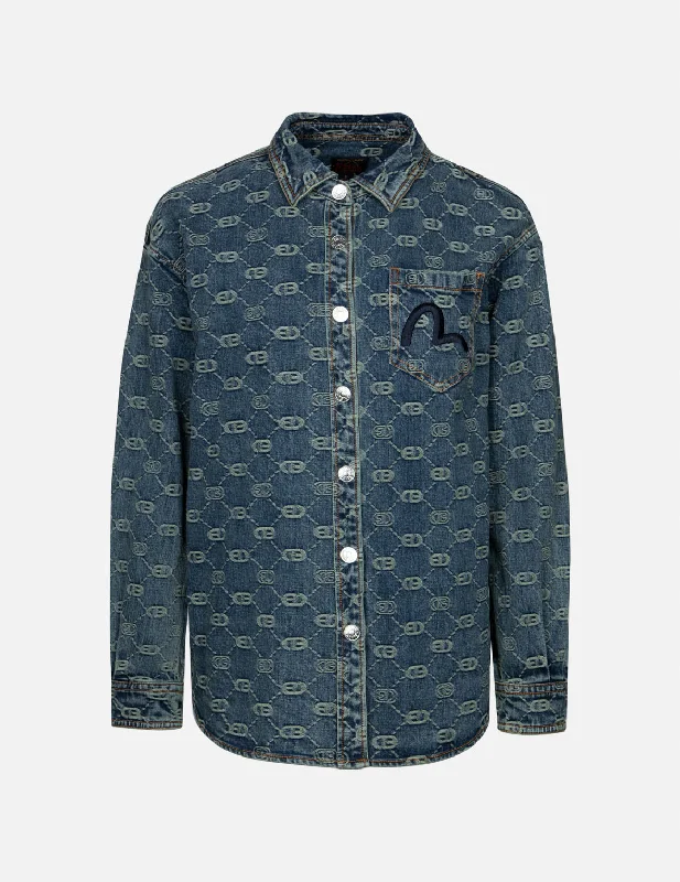 Classic Women's Apparel Allover Logo Jacquard and Seagull Embroidery Boyfriend Fit Denim Shirt Jacket