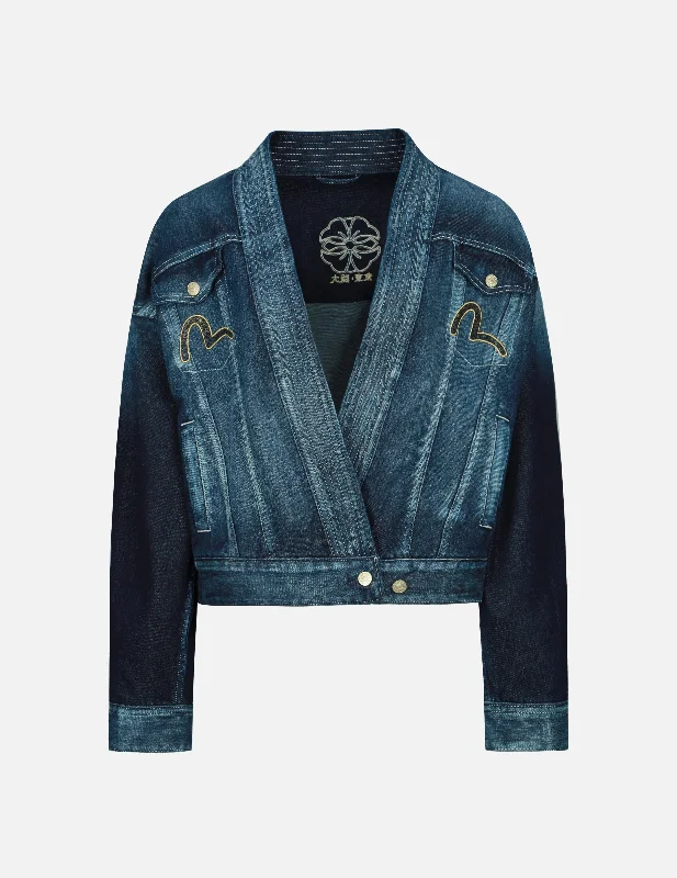 Women's Trendy Outfit Brocade-pattern Seagull and Kamon Appliqué Denim Kimono Jacket