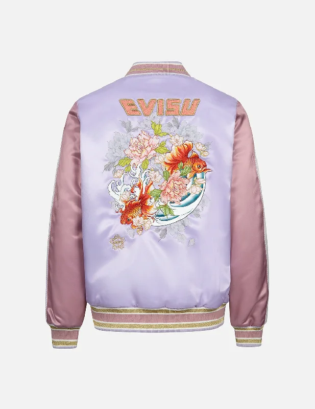 Women's Clothing For Travel Goldfish and Floral Flow Embroidery Color-blocking Loose Fit Souvenir Jacket