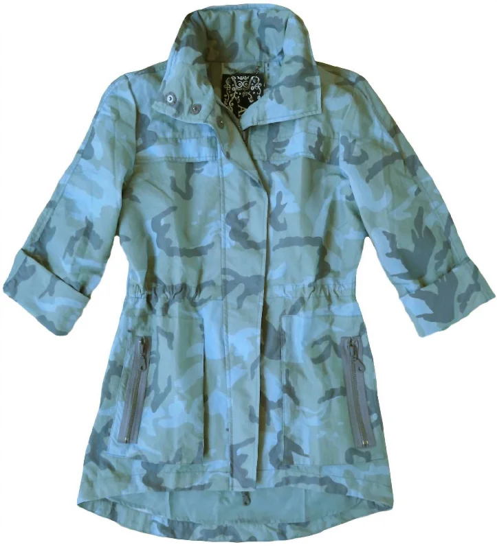 Stylish Outerwear Clothes For Women Modern Anorak Camo Print In Blue Multi