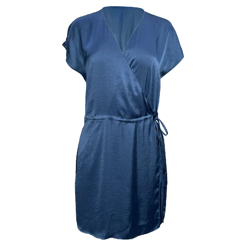 Women's Trendy Clothing Theory Wrap-Tie V-Neck Romper in Blue Satin