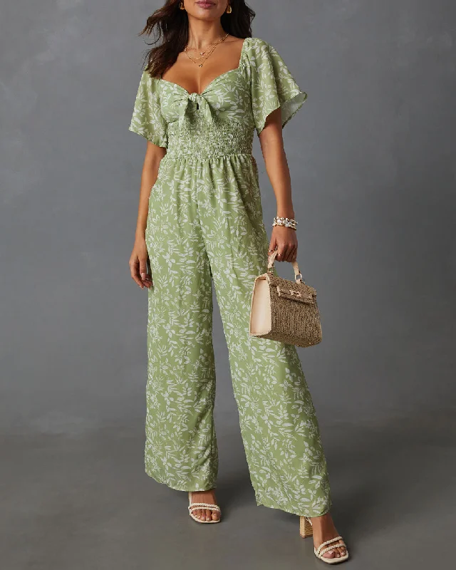 Women's Outerwear Apparel Primrose Floral Smocked Tie Front Jumpsuit