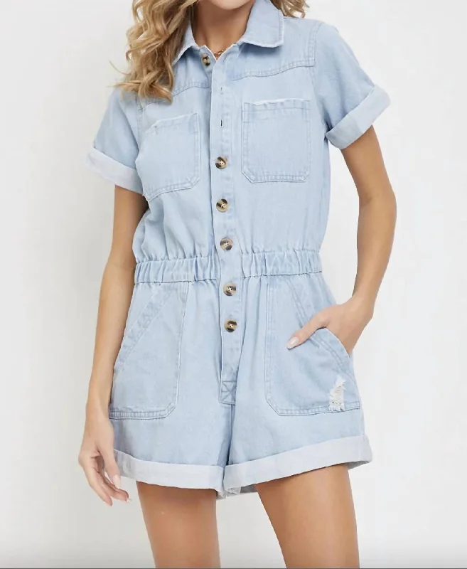 Women's Everyday Garments Light Denim Collar Romper In Light Wash