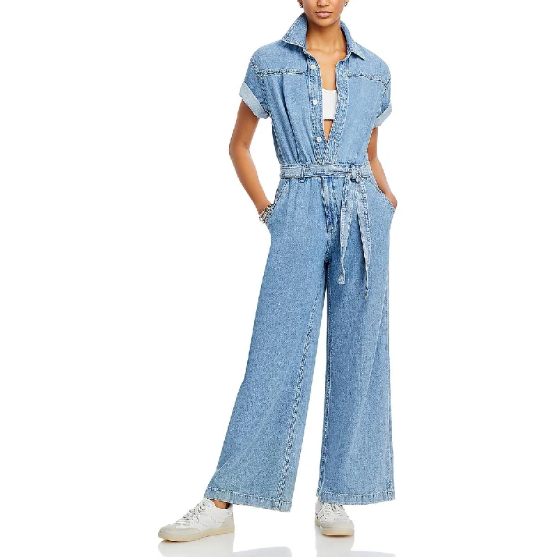 Women's Vacation Attire Womens Denim Wide-Leg Jumpsuit