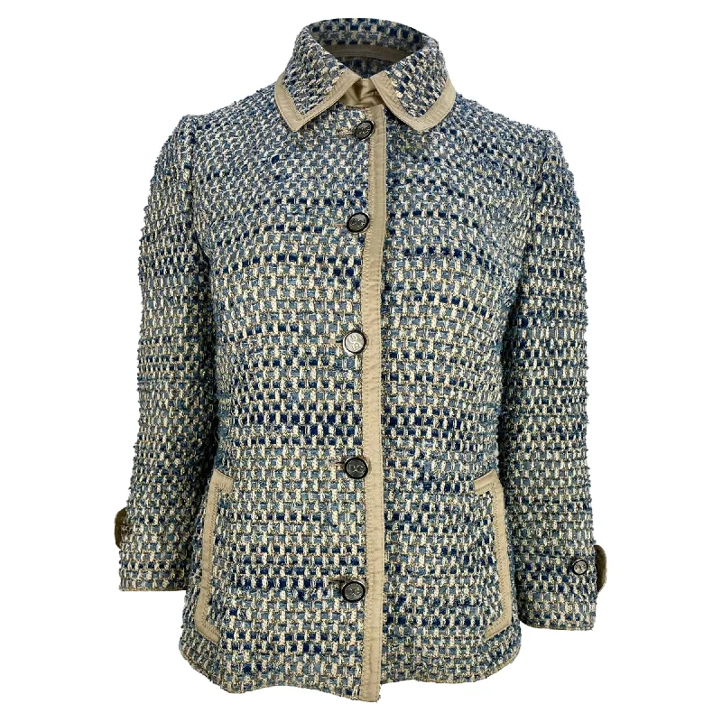 Women's Elegant Evening Outfit Dolce & Gabbana Button-Down Jacket in Blue Cotton Tweed