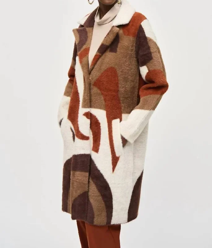 Women's Layered Outfit Abstract Print Feather Yarn Sweater Coat In Cinnamon Multi