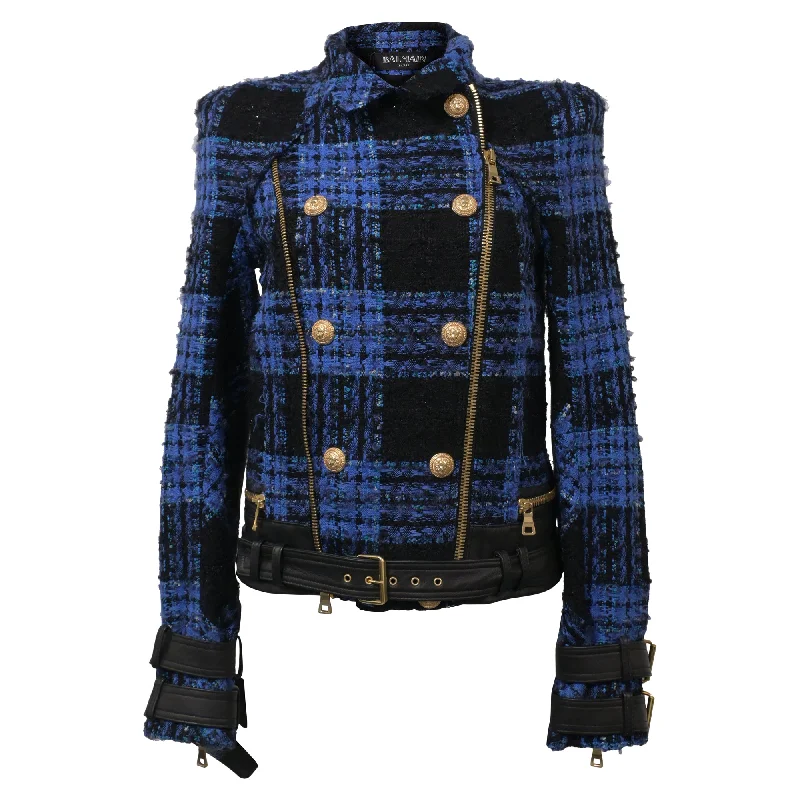 Women's Loungewear Clothes Balmain Tweed Biker Jacket in Blue Wool