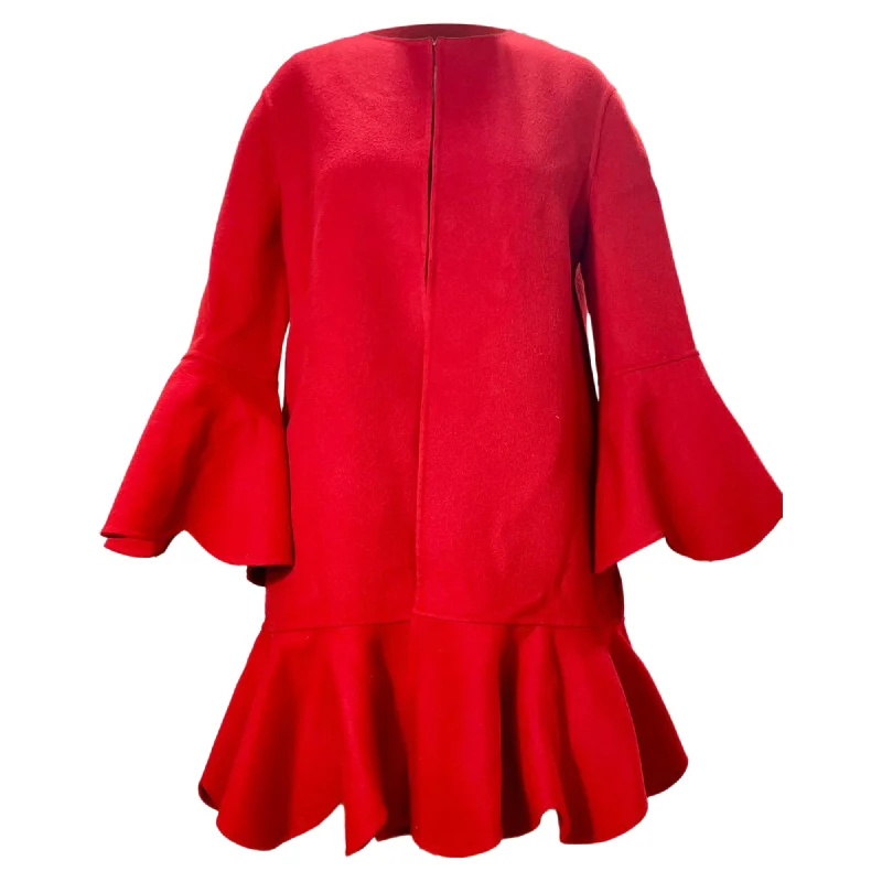 Women's High-Fashion Outfit Valentino Garavani Ruffled Hem Bell Sleeve Coat in Red Wool