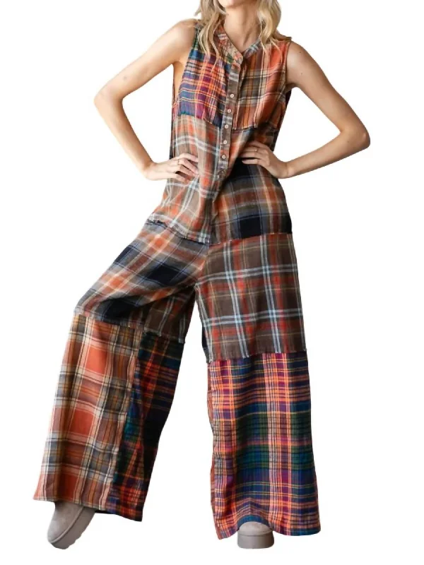 Women's Vintage Garments Washed Plaid Jumpsuit In Rust