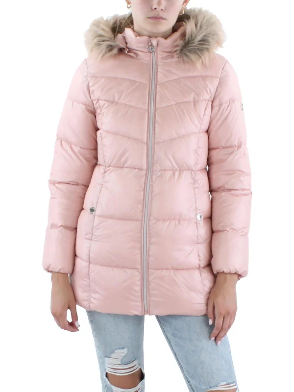 Women's Comfortable Lounge Garments Womens Faux Fur Trim Polyester Puffer Jacket