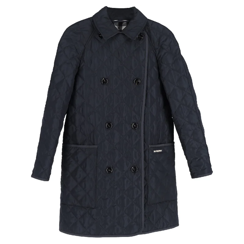 Women's Holiday Attire Burberry Quilted Double-Breasted Down Coat in Navy Blue Polyester