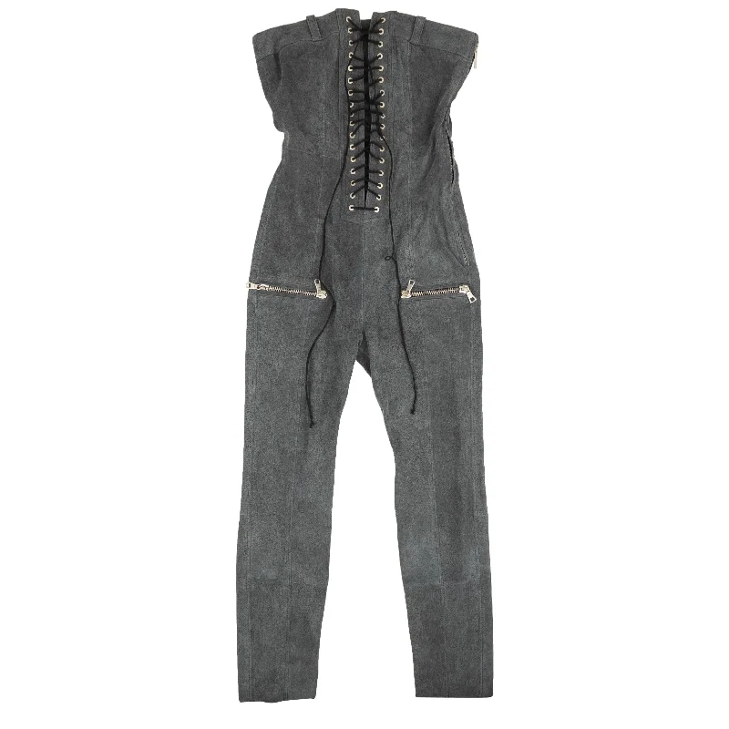 Women's Holiday Outfit Unravel Project Leather Lace Up Strapless Jumpsuit - Gray