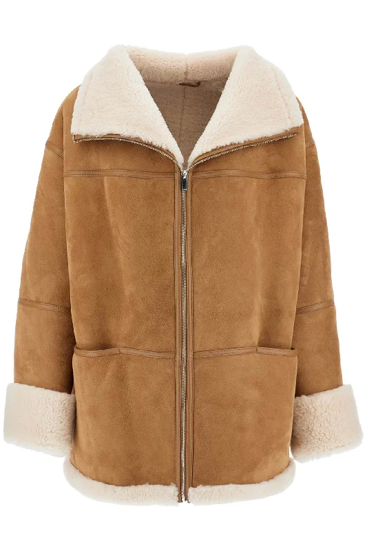 Women's Casual Attire Toteme Women's Biscuits Shearling Lamb Leather Jacket With Wide Collar