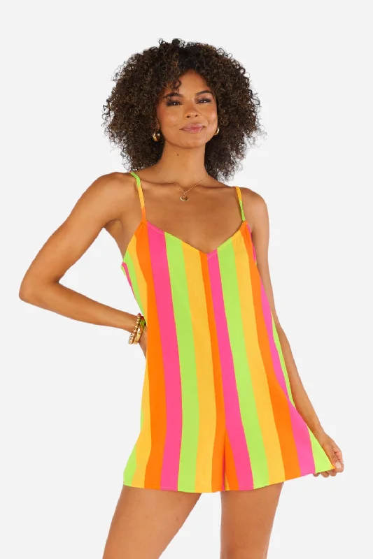 Women's Holiday Clothing Show Me Your Mumu Rascal Romper in Neon Vacay Stripe