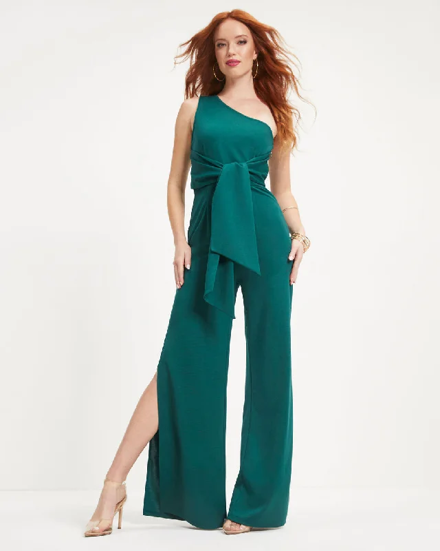 Women's Elegant Evening Attire Always On The List One Shoulder Front Tie Slit Jumpsuit