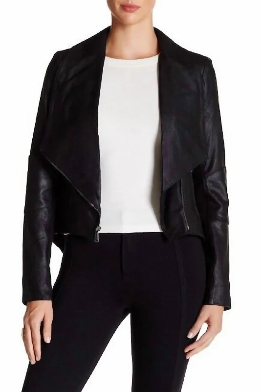 Women's Activewear Outfit Lamb Suede Leather Drape Tail Collar Jacket In Black