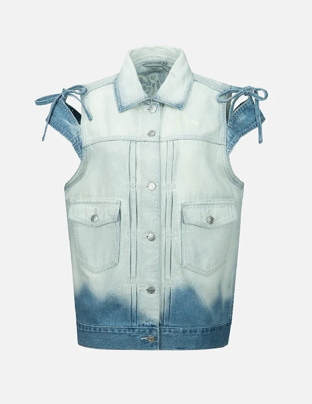 Women's Casual Attire Logo Embroidery Bleached Denim Waistcoat