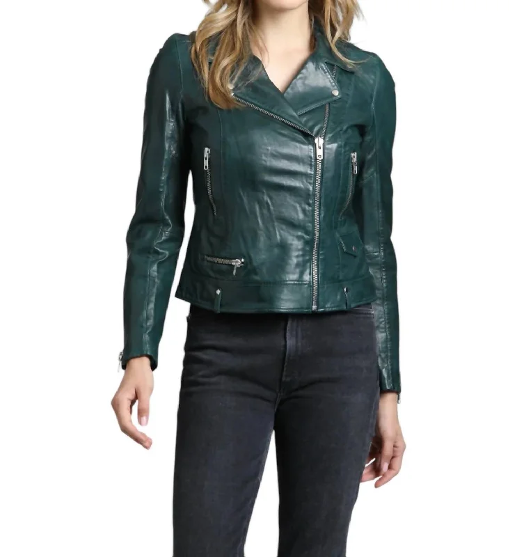 Women's Formal Event Clothing Classic Moto Leather Jacket In Green Vinyl