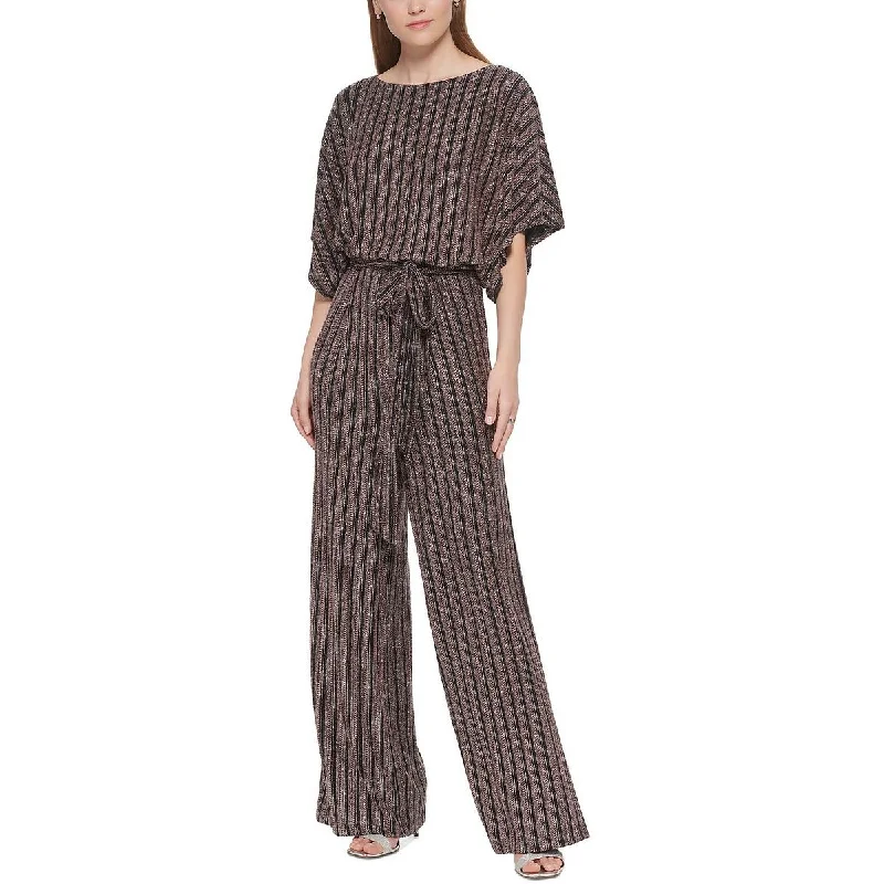 Women's Floral Print Outfit Petites Womens Knit Glitter Striped Jumpsuit