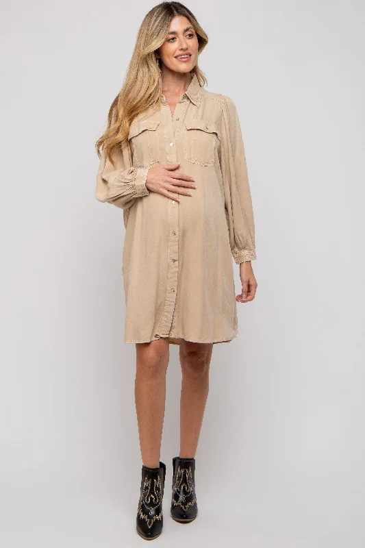 Sustainable Women's Clothing Beige Vintage Wash Maternity Shirt Dress