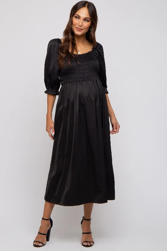 Women's Holiday Attire Black Satin Smocked Maternity Midi Dress