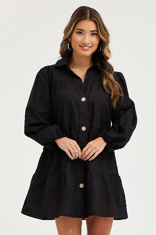 Stylish Women's Outfit Black Tiered Dress Long Sleeve Mini