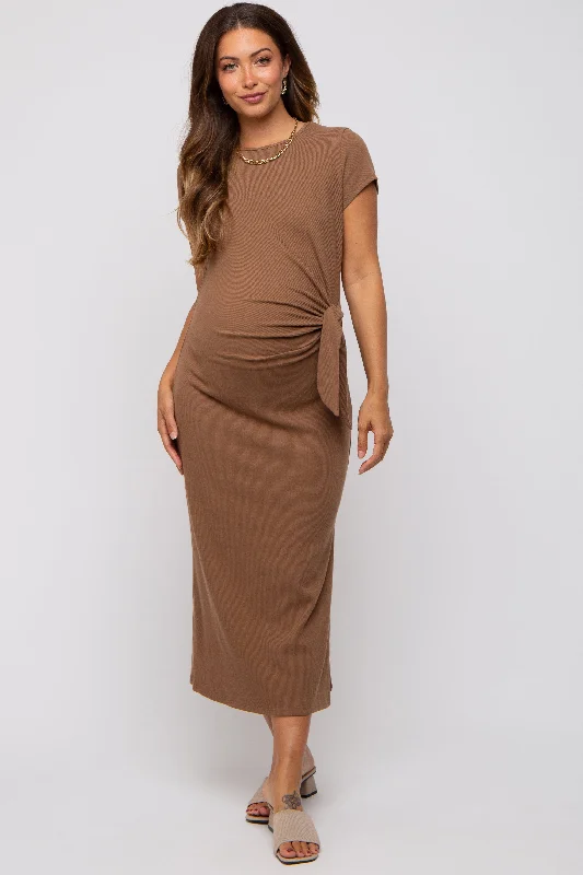 Women's Trendy Casual Clothes Brown Rib Knit Side Tie Maternity Midi Dress